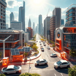 Design a futuristic cityscape that incorporates elements of renewable energy, featuring a variety of lithium-ion battery technologies and electric vehicles