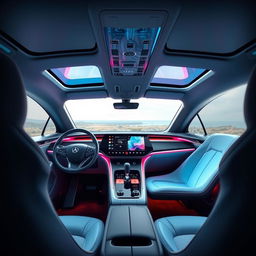 The interior of a futuristic electric vehicle branded 'EVOLVE', showcasing a cutting-edge design
