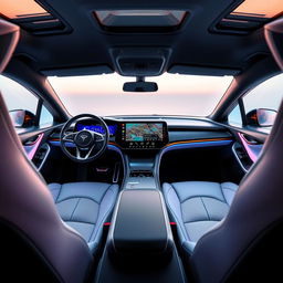 The interior of a futuristic electric vehicle branded 'EVOLVE', showcasing a cutting-edge design