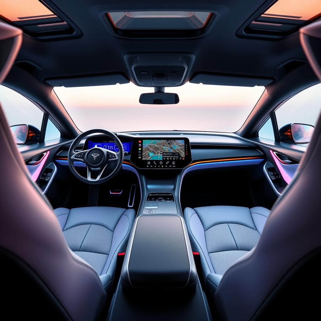 The interior of a futuristic electric vehicle branded 'EVOLVE', showcasing a cutting-edge design