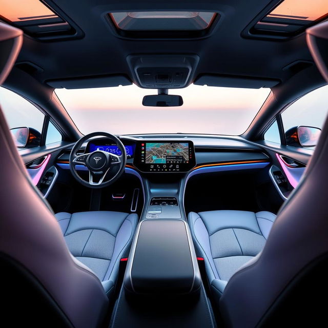 The interior of a futuristic electric vehicle branded 'EVOLVE', showcasing a cutting-edge design