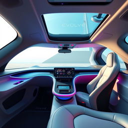 The interior of a futuristic electric vehicle branded 'EVOLVE', showcasing a cutting-edge design