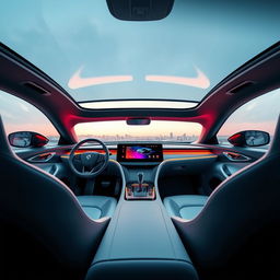 The interior of a futuristic electric vehicle branded 'EVOLVE', showcasing a cutting-edge design