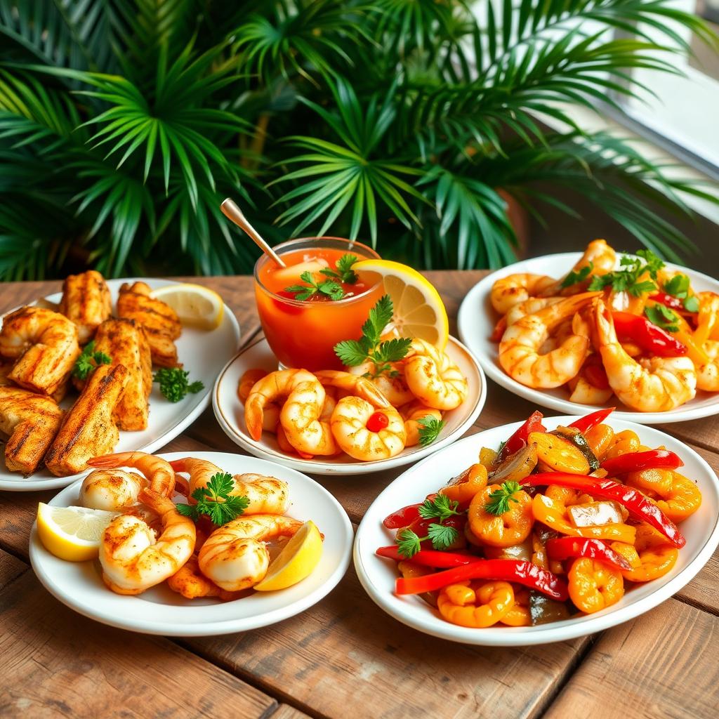 A beautifully arranged plate of crevette dishes, showcasing a variety of preparation styles