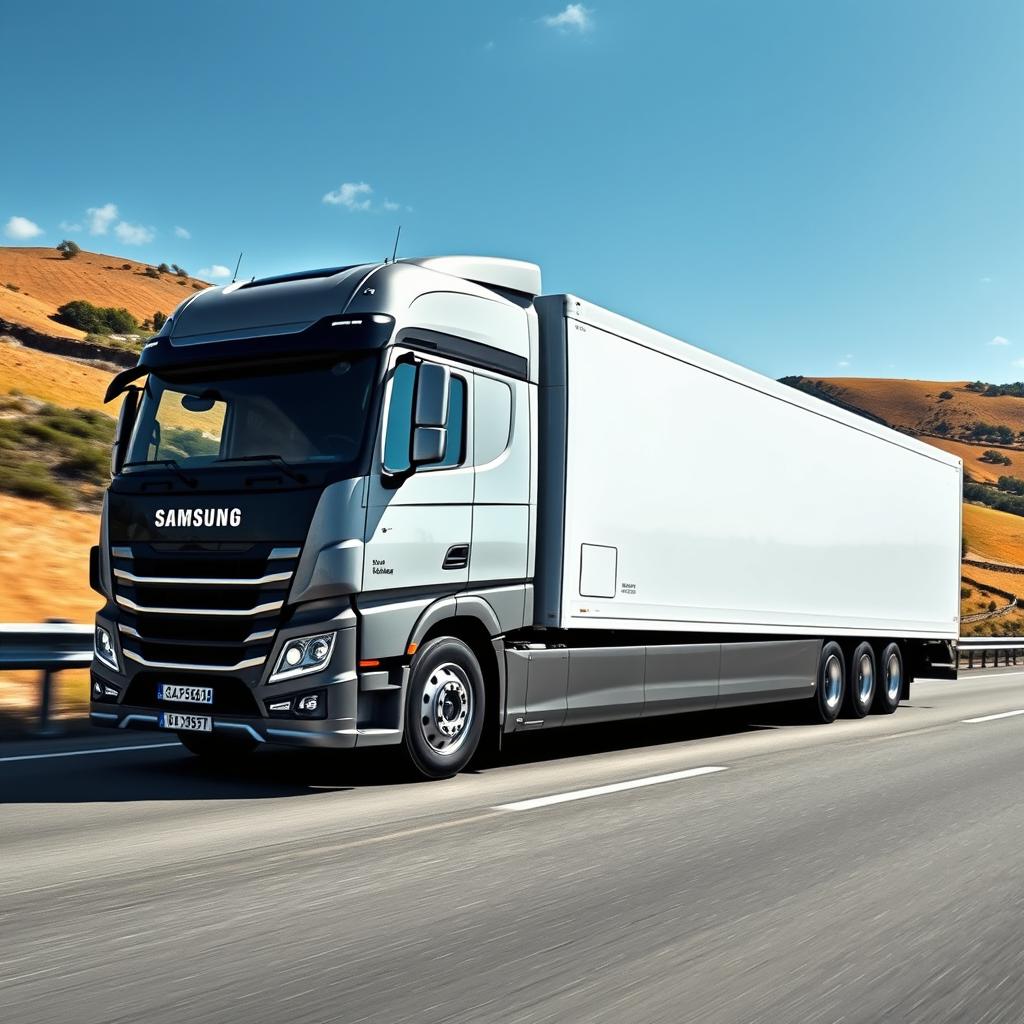 A high-definition photo of a modern European semi-truck manufactured by Samsung, showcasing its sleek design and advanced features