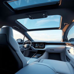 The interior of a futuristic electric vehicle branded 'EVOLVE', featuring a cutting-edge design with a panoramic roof