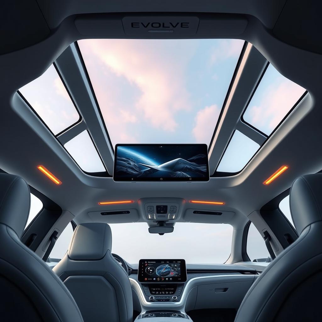 The interior of a futuristic electric vehicle branded 'EVOLVE', featuring a cutting-edge design with a panoramic roof