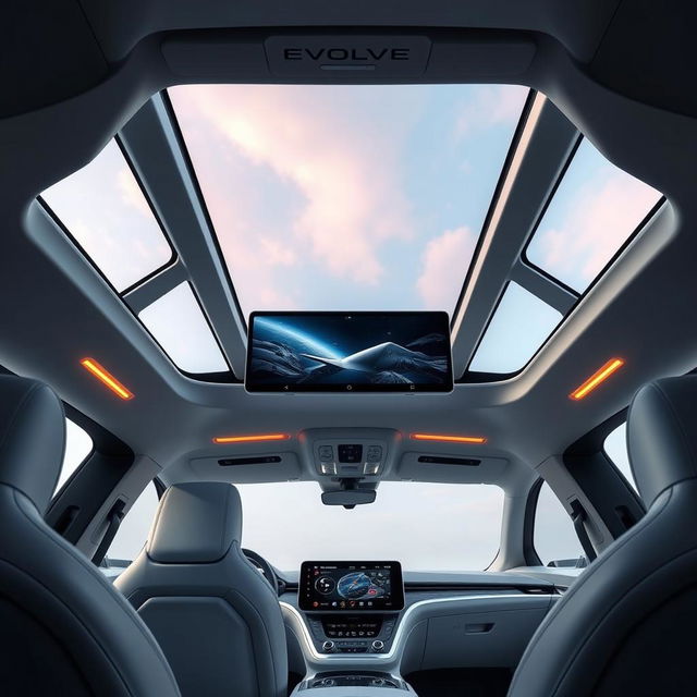 The interior of a futuristic electric vehicle branded 'EVOLVE', featuring a cutting-edge design with a panoramic roof