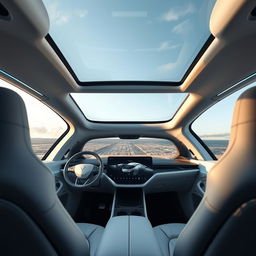 The interior of a futuristic electric vehicle branded 'EVOLVE', featuring a cutting-edge design with a panoramic roof
