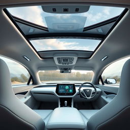 The interior of a futuristic electric vehicle branded 'EVOLVE', featuring a cutting-edge design with a panoramic roof
