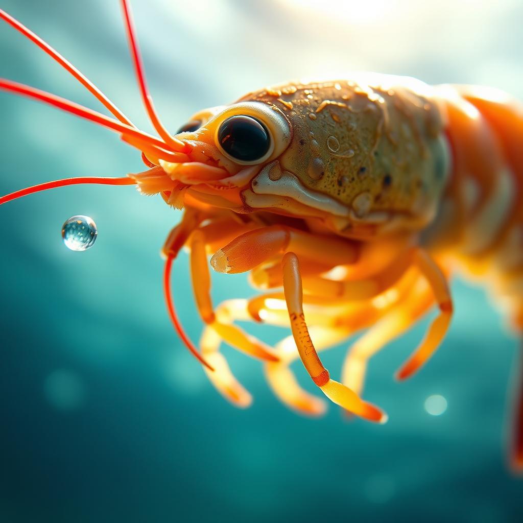 A vibrant and detailed close-up of a shrimp, showcasing its intricate shell textures and natural colors