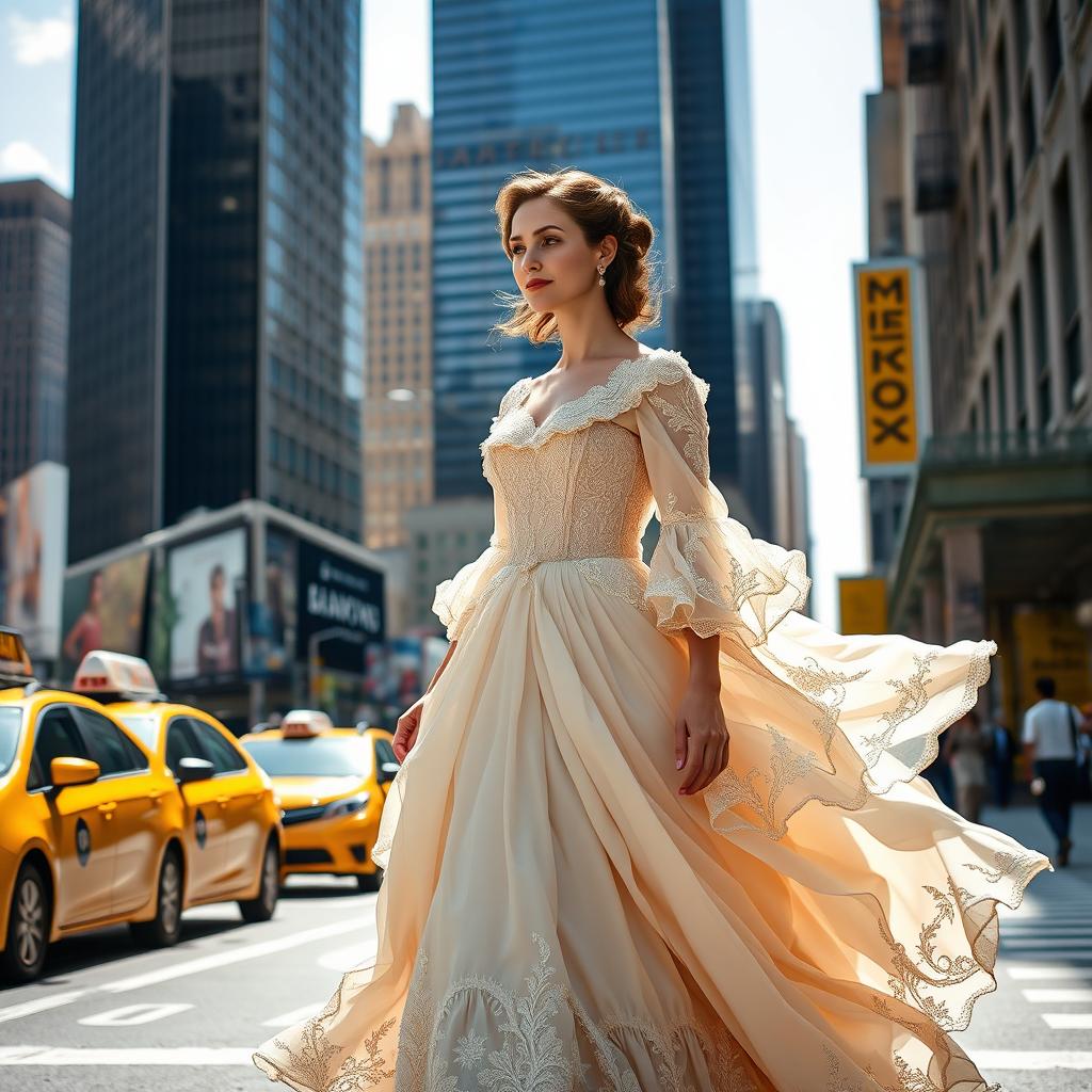 A beautiful lady dressed in an ornate Victorian dress, complete with intricate lace and flowing fabrics, elegantly walking through a bustling modern-day New York City