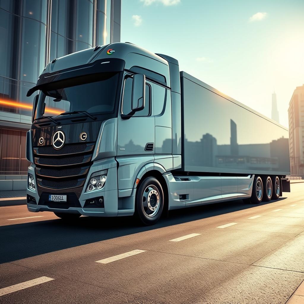 A high-definition image of a futuristic European semi-truck manufactured by Google, featuring cutting-edge design and innovative technology
