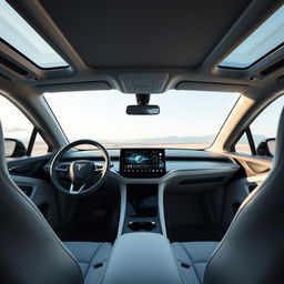 The interior of a futuristic electric vehicle named 'EVOLVE', featuring a sleek and modern design
