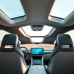 The interior of a futuristic electric vehicle named 'EVOLVE', featuring a sleek and modern design