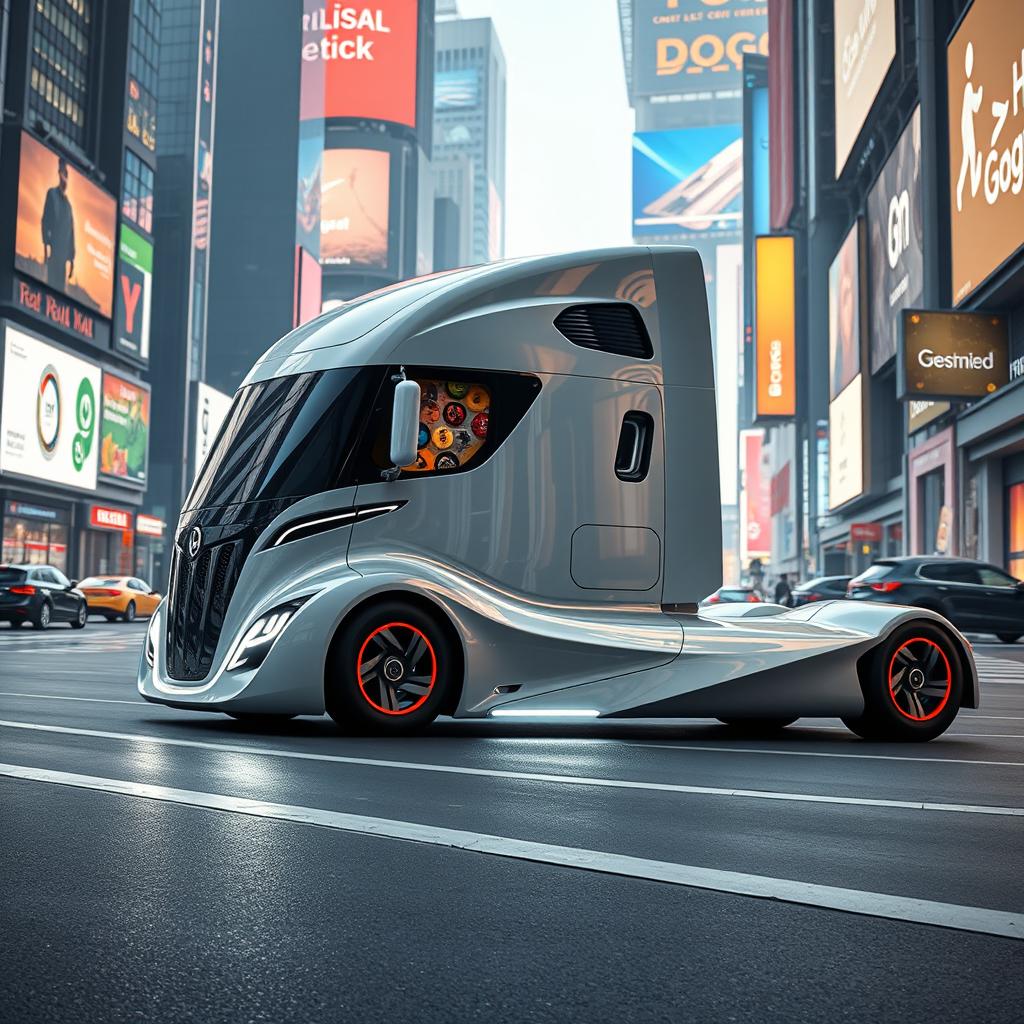 A high-definition image of a futuristic semi-truck manufactured by Google, featuring a sleek, aerodynamic design that embodies cutting-edge technology