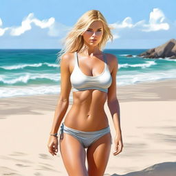 A hyper-realistic digital painting featuring a beautiful blonde woman on the beach, dressed in a micro bikini