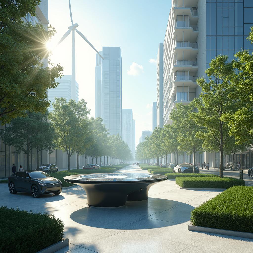 Design a futuristic cityscape that features renewable energy sources, including wind turbines and solar panels integrated into modern architecture