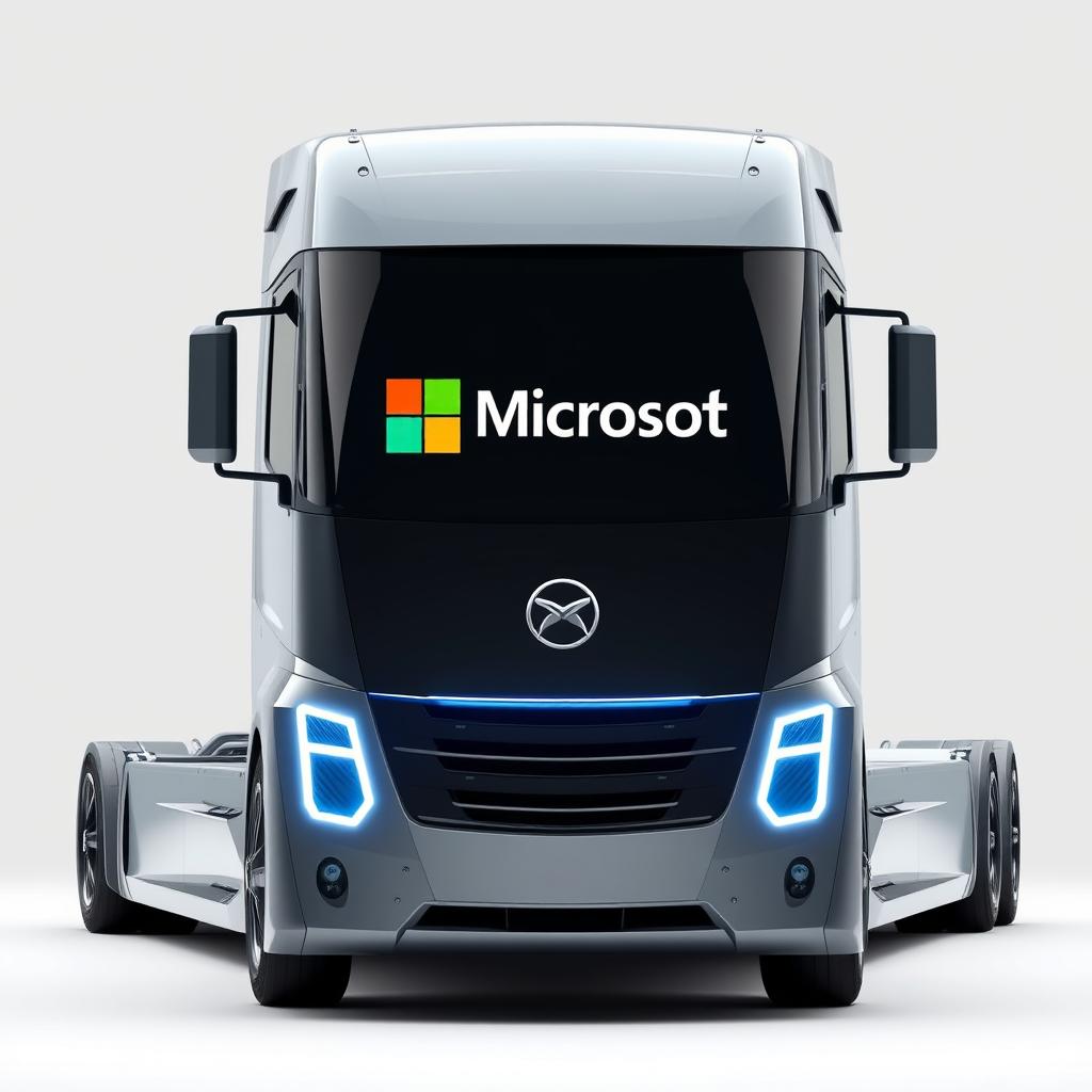 A high-definition image of a futuristic semi-truck manufactured by Microsoft, showcasing the front view with the Microsoft brand logo clearly displayed