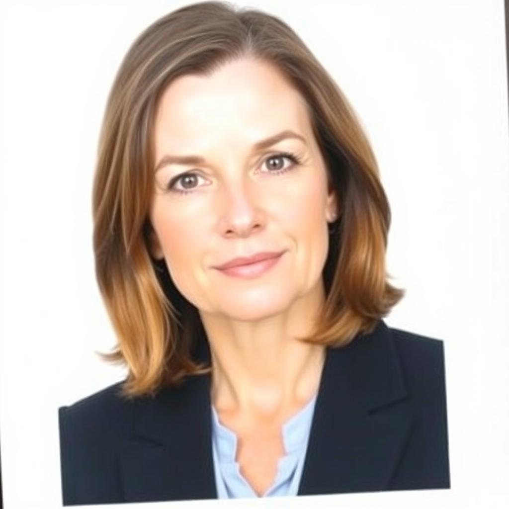 A standard passport photo featuring a middle-aged woman with medium-length brown hair, wearing a black blazer and a light blue blouse