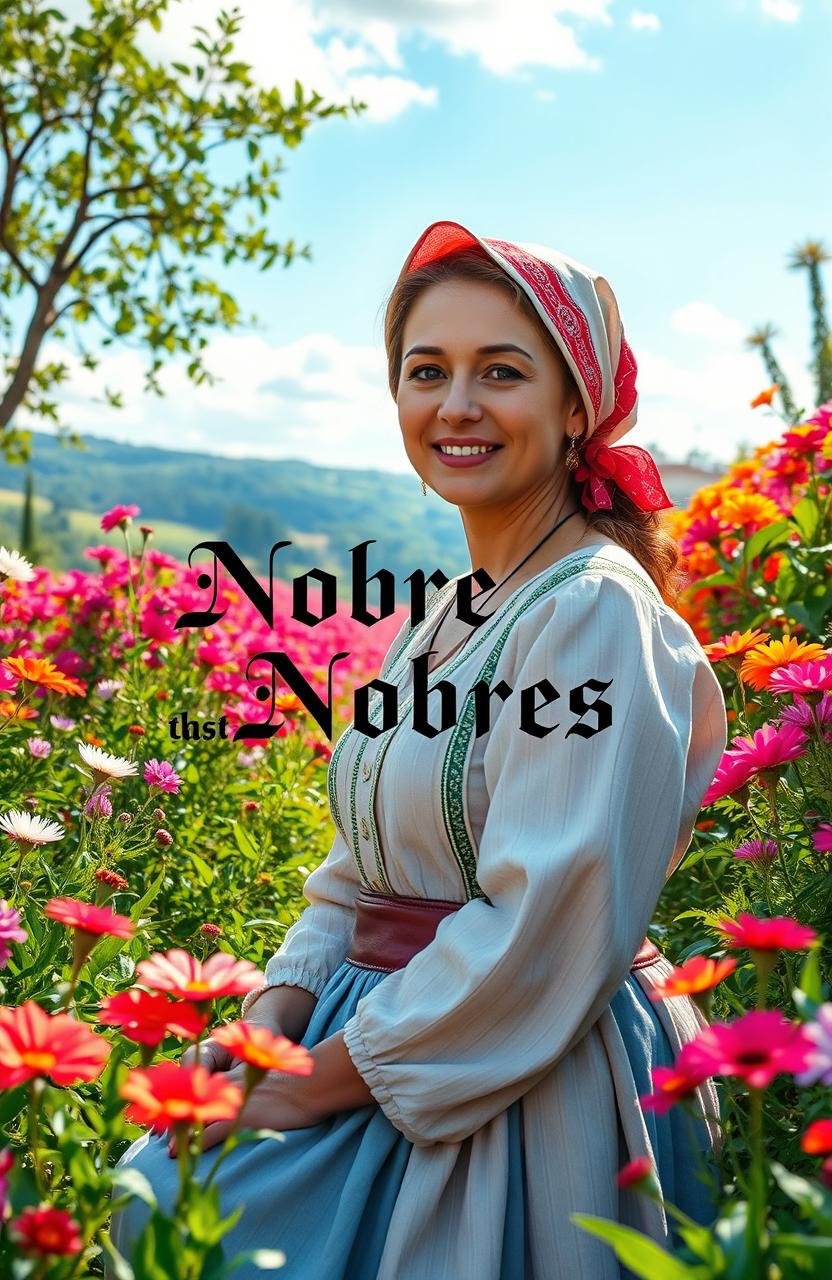 A peasant woman in a beautiful garden filled with vibrant flowers, surrounded by an enchanting landscape of splendor