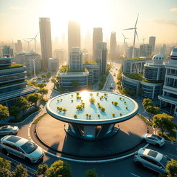 Design a futuristic city that integrates renewable energy sources, featuring a central table made of advanced lithium-ion technology, surrounded by electric vehicles