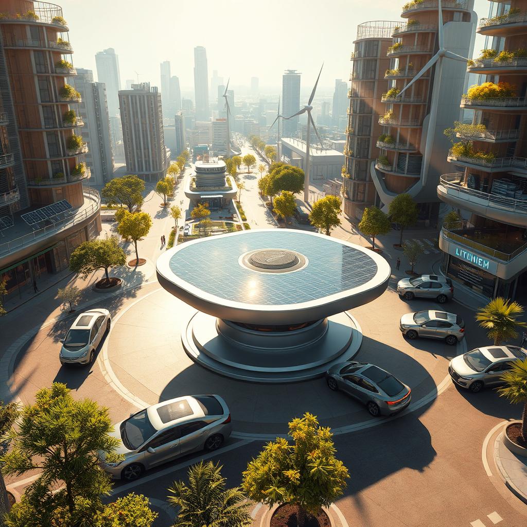 Design a futuristic city that integrates renewable energy sources, featuring a central table made of advanced lithium-ion technology, surrounded by electric vehicles