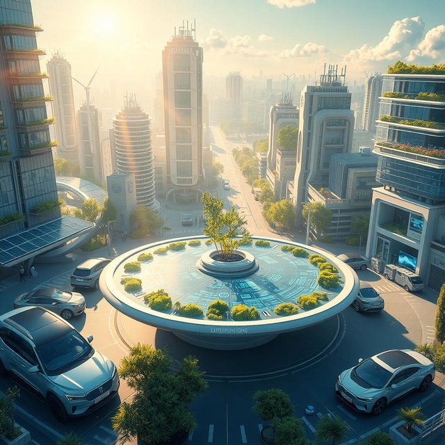 Design a futuristic city that integrates renewable energy sources, featuring a central table made of advanced lithium-ion technology, surrounded by electric vehicles