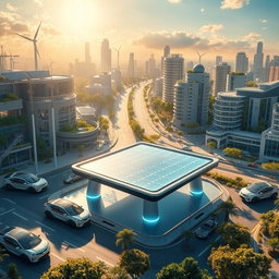 Design a futuristic city that integrates renewable energy sources, featuring a central table made of advanced lithium-ion technology, surrounded by electric vehicles
