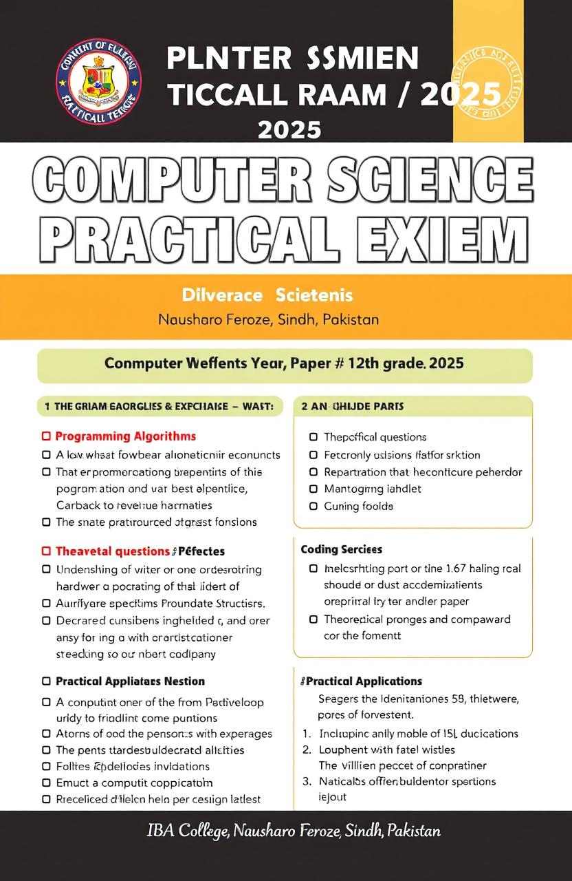 A computer science practical exam paper designed for the year 2025 for 12th grade students, specifically tailored for IBA College Nausharo Feroze, Sindh, Pakistan