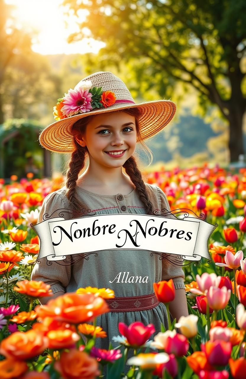 A rustic farmer girl in a vibrant garden full of flowers, showcasing a breathtaking landscape