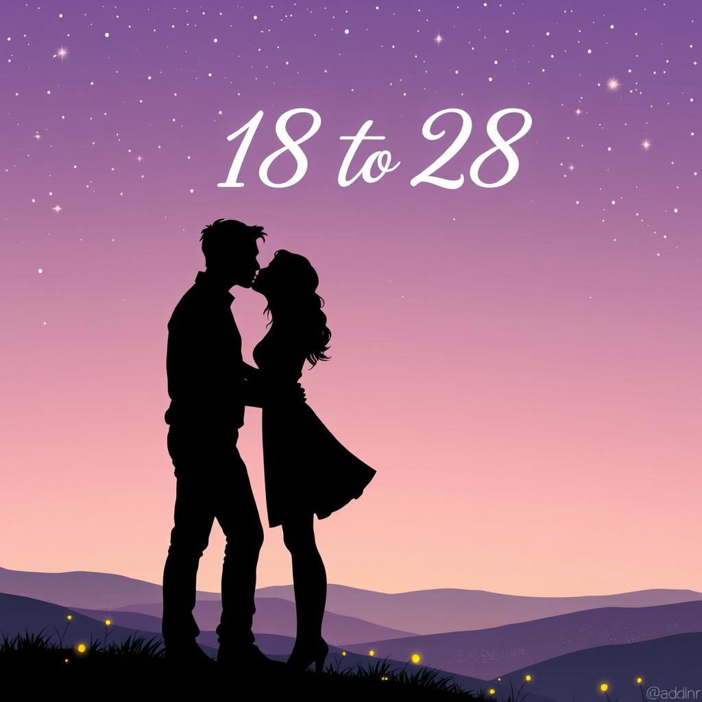 A romantic and dreamy scene featuring silhouettes of a man and a woman standing on a hilltop, sharing a kiss under a twilight sky filled with twinkling stars