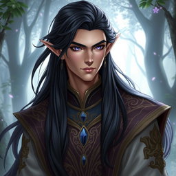 A male high elf characterized by his long, silky black hair that cascades elegantly down his shoulders