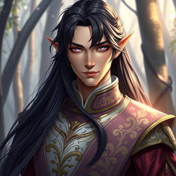 A male high elf characterized by his long, silky black hair that cascades elegantly down his shoulders