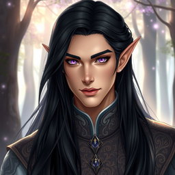 A male high elf characterized by his long, silky black hair that cascades elegantly down his shoulders