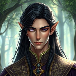 A male high elf characterized by his long, silky black hair that cascades elegantly down his shoulders