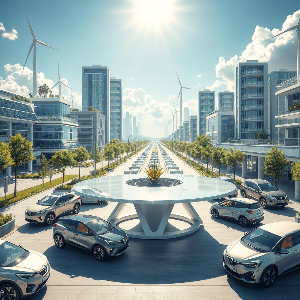 Design a futuristic city that seamlessly integrates renewable energy sources, featuring solar panels, wind turbines, and other sustainable technologies