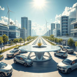 Design a futuristic city that seamlessly integrates renewable energy sources, featuring solar panels, wind turbines, and other sustainable technologies