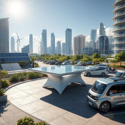 Design a futuristic city that seamlessly integrates renewable energy sources, featuring solar panels, wind turbines, and other sustainable technologies