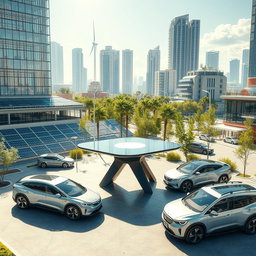 Design a futuristic city that seamlessly integrates renewable energy sources, featuring solar panels, wind turbines, and other sustainable technologies