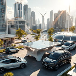 Design a futuristic city that seamlessly integrates renewable energy sources, featuring solar panels, wind turbines, and other sustainable technologies