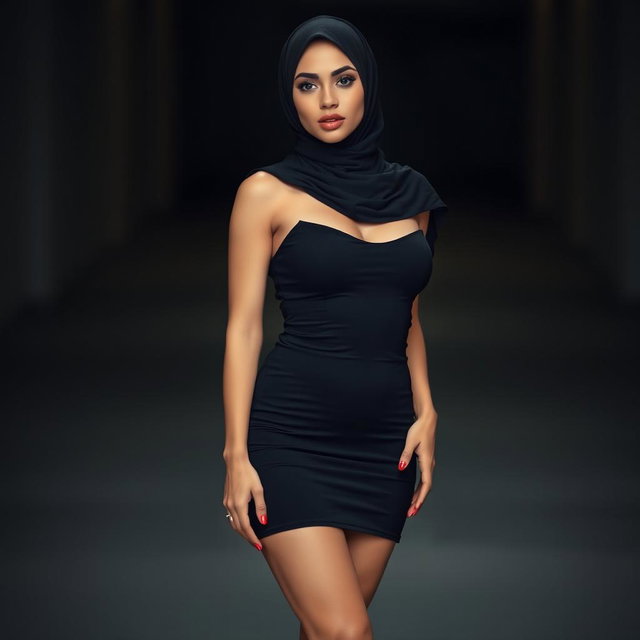 A woman wearing a hijab, with white skin and a voluptuous busty body, confidently modeled in high heels