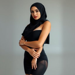 A woman wearing a hijab, with white skin and a voluptuous busty body, confidently modeled in high heels