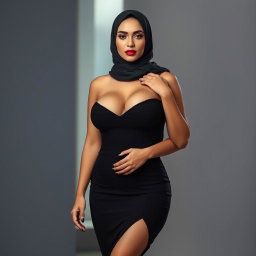 A woman wearing a hijab, with white skin and a voluptuous busty body, confidently modeled in high heels