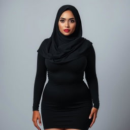 A woman wearing a hijab, with white skin and a voluptuous busty body, confidently modeled in high heels