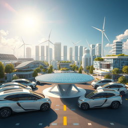Create a design for a futuristic city featuring renewable energy sources such as solar panels and wind turbines