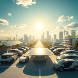 Create a design for a futuristic city featuring renewable energy sources such as solar panels and wind turbines