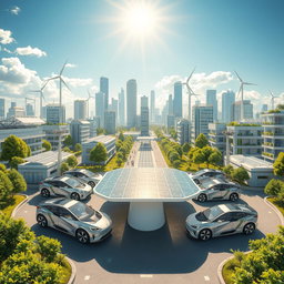 Create a design for a futuristic city featuring renewable energy sources such as solar panels and wind turbines