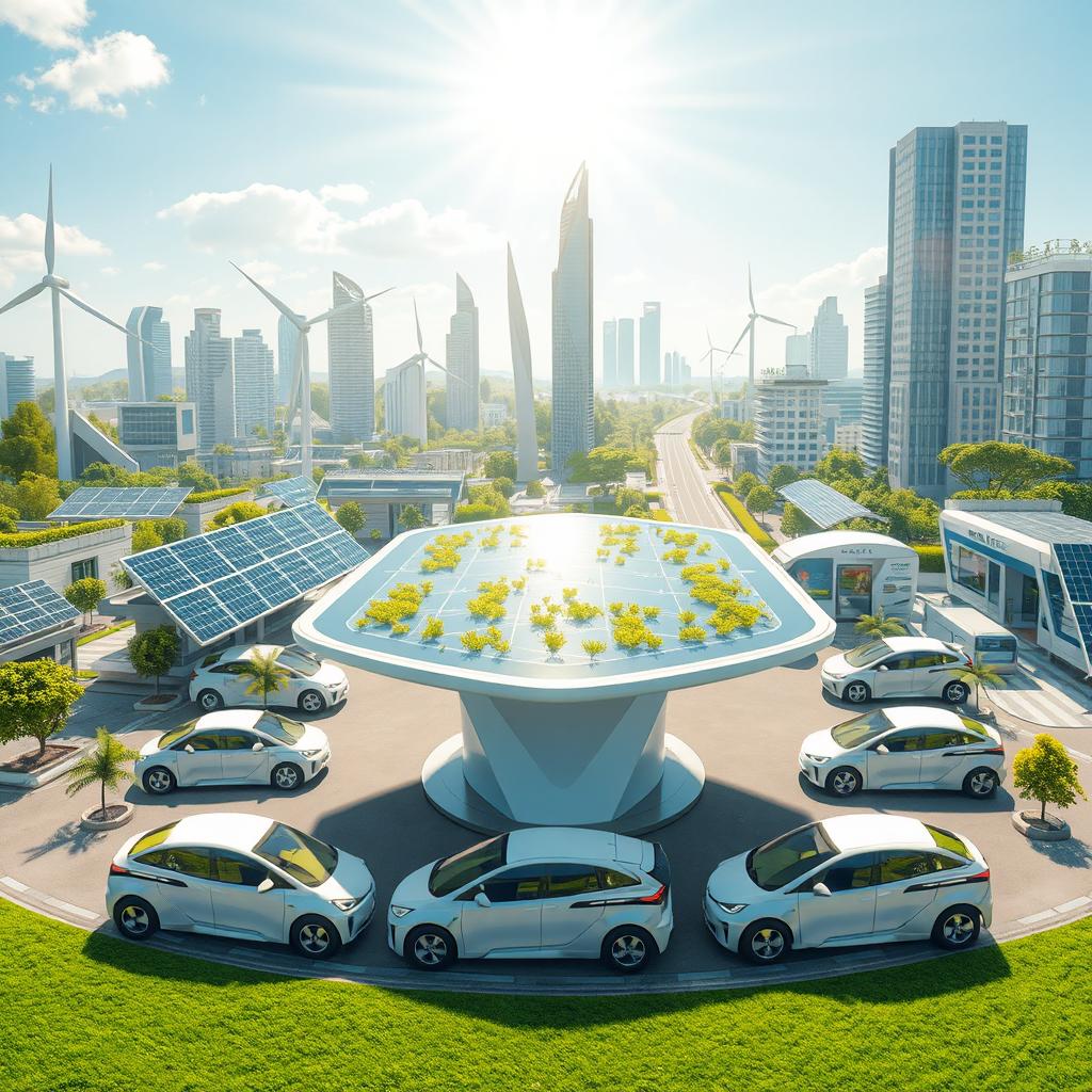 Create a design for a futuristic city featuring renewable energy sources such as solar panels and wind turbines