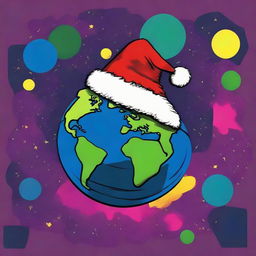 A creative depiction of Earth at night from space, presented in an Andy Warhol-inspired pop art style with vibrant colours and repeated imagery, featuring Earth wearing a lively Santa hat.